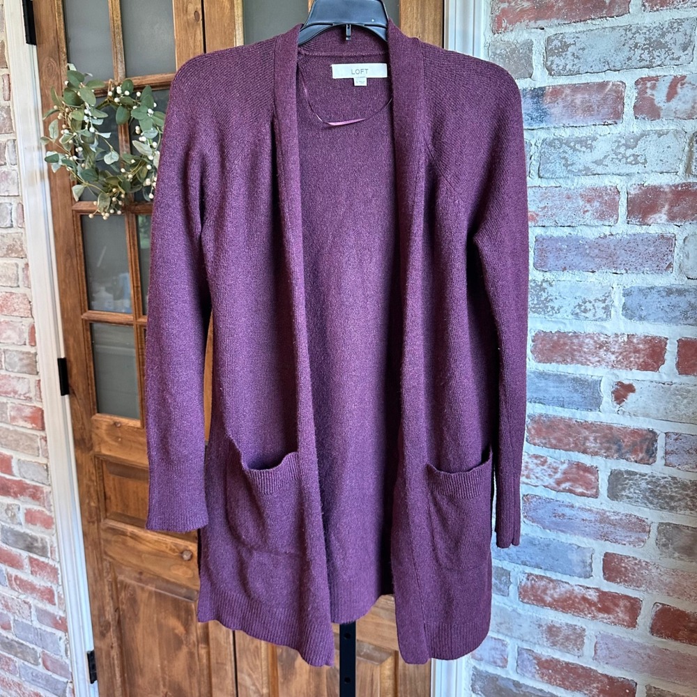 Loft Open Front Cardigan Womens Maroon Burgundy Knit Layering Pockets Small
